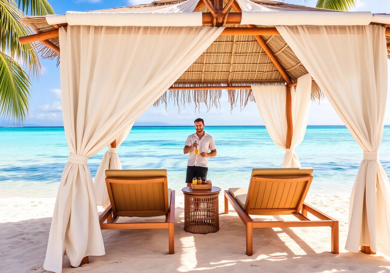 Private beach cabana with white curtains and butler drink service