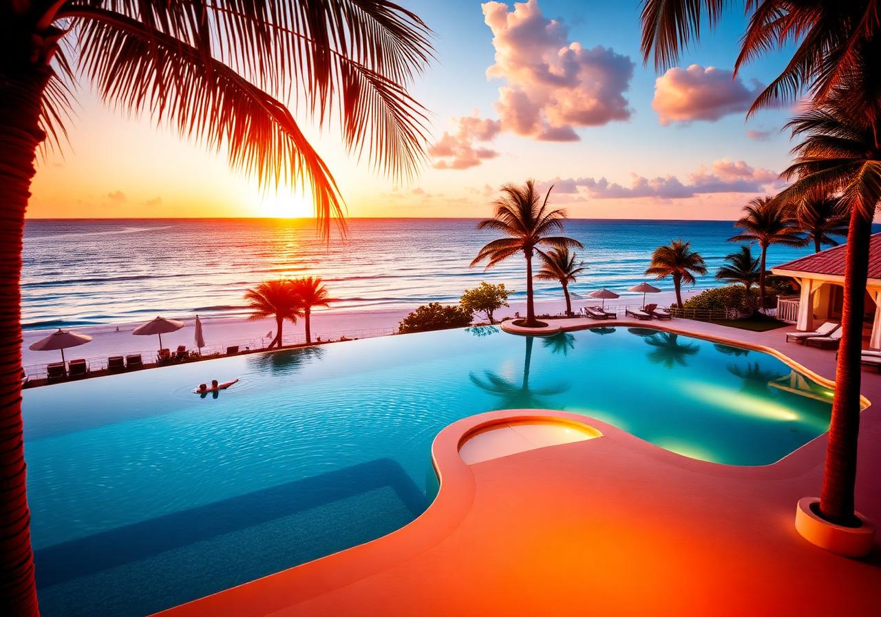 Infinity pool at a luxury all-inclusive resort overlooking the Caribbean at sunset
