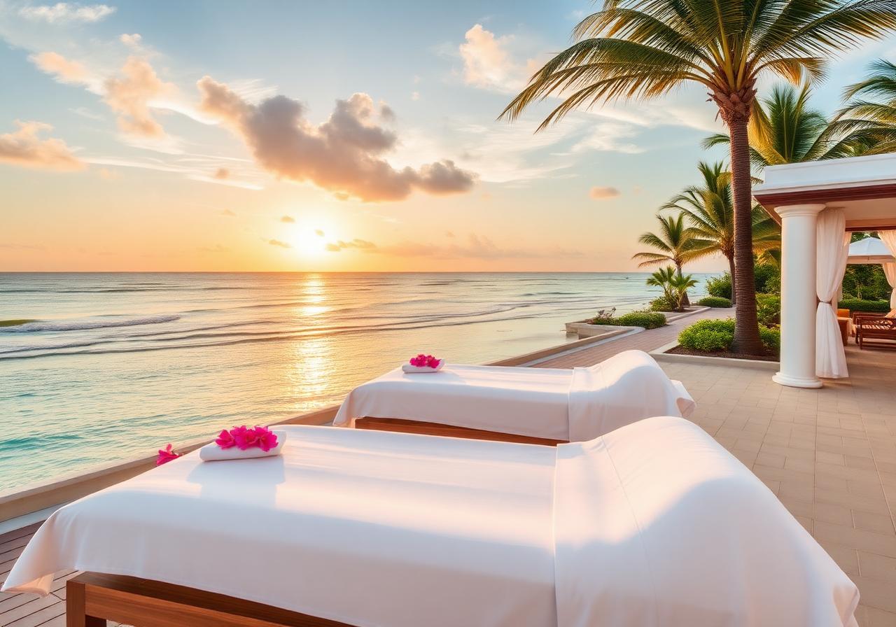 Oceanfront spa terrace with massage beds at sunrise