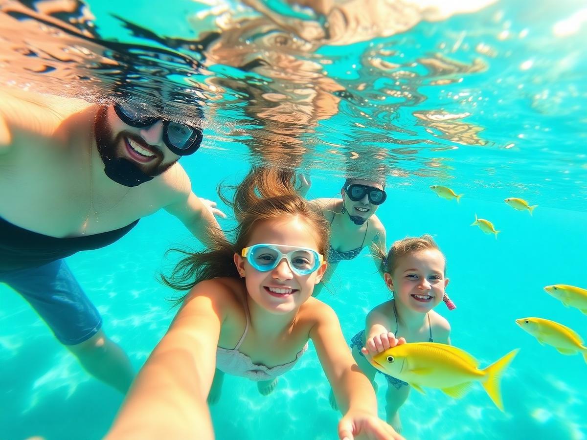 Family snorkeling in clear Bahamas water