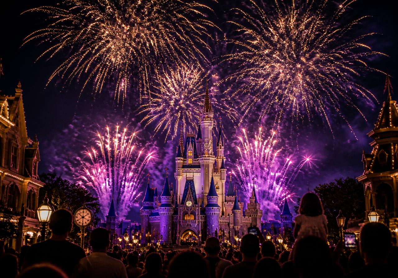 Fireworks over the castle at night