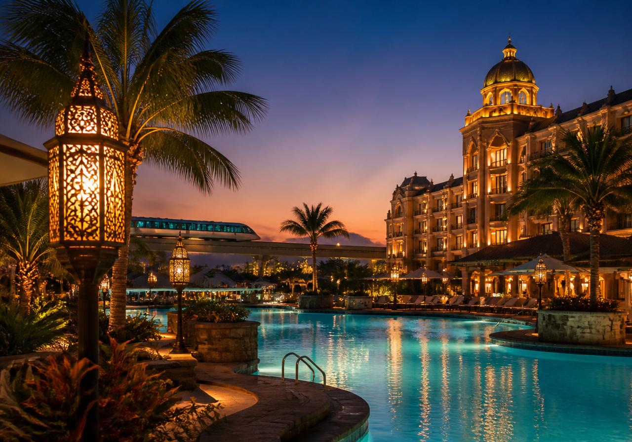 Deluxe resort pool at twilight with monorail