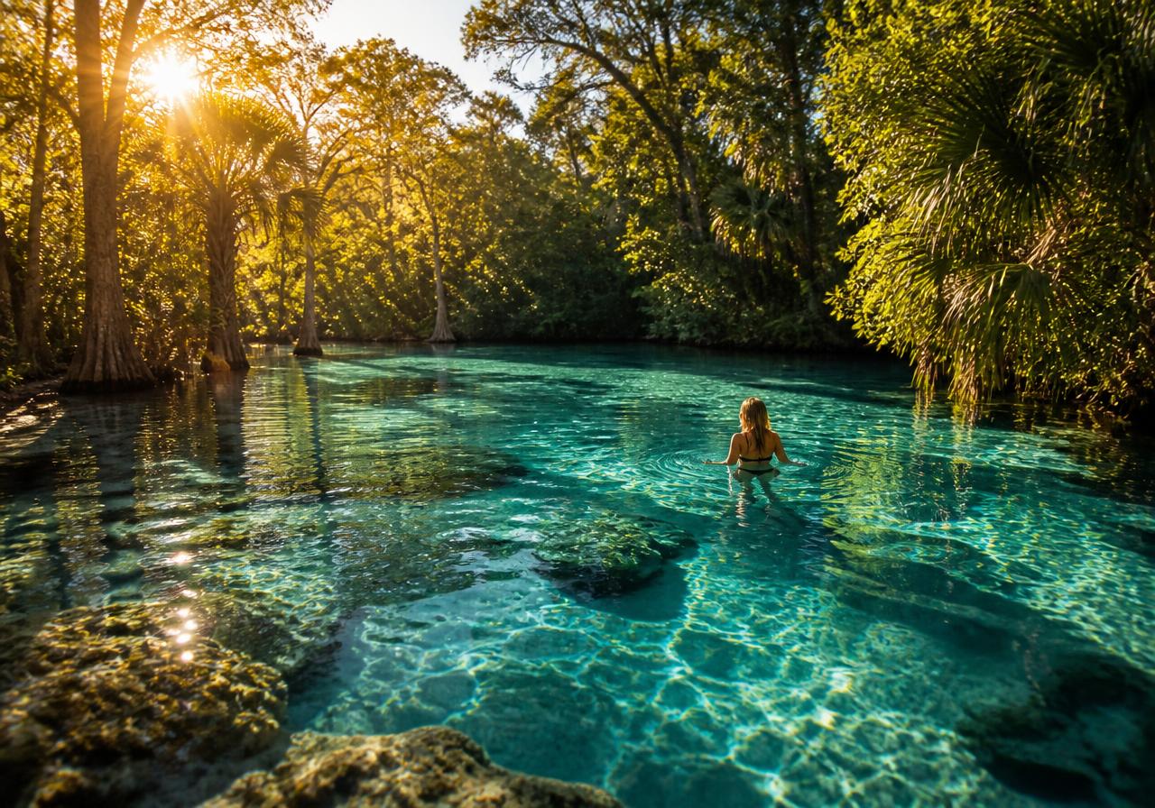 Crystal clear Florida natural spring surrounded by cypress trees