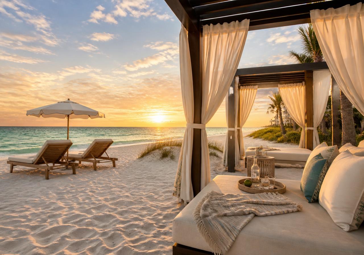 Luxury beach cabana at sunset on the Florida Gulf Coast