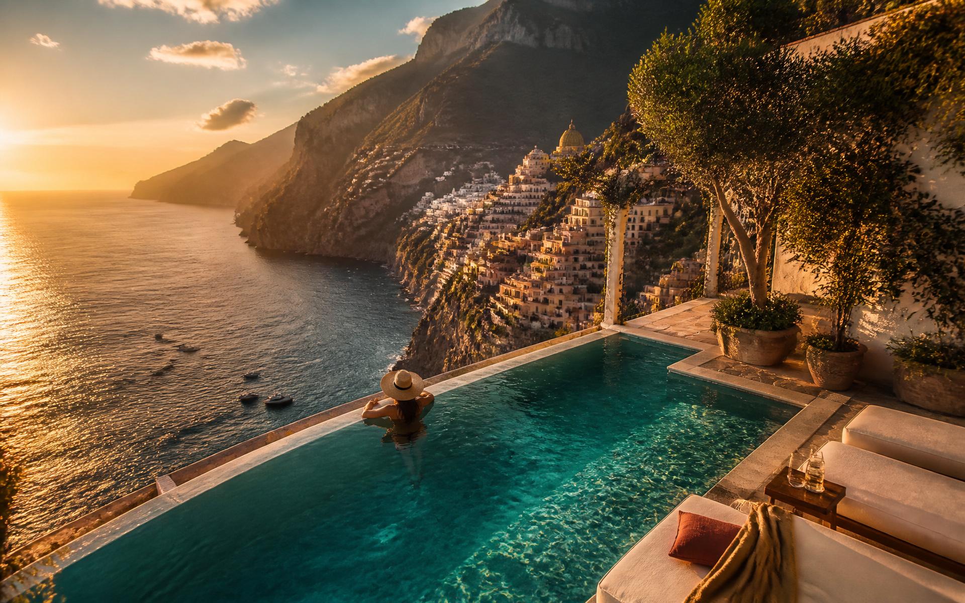 Turquoise coastline with a luxury resort pool at sunset