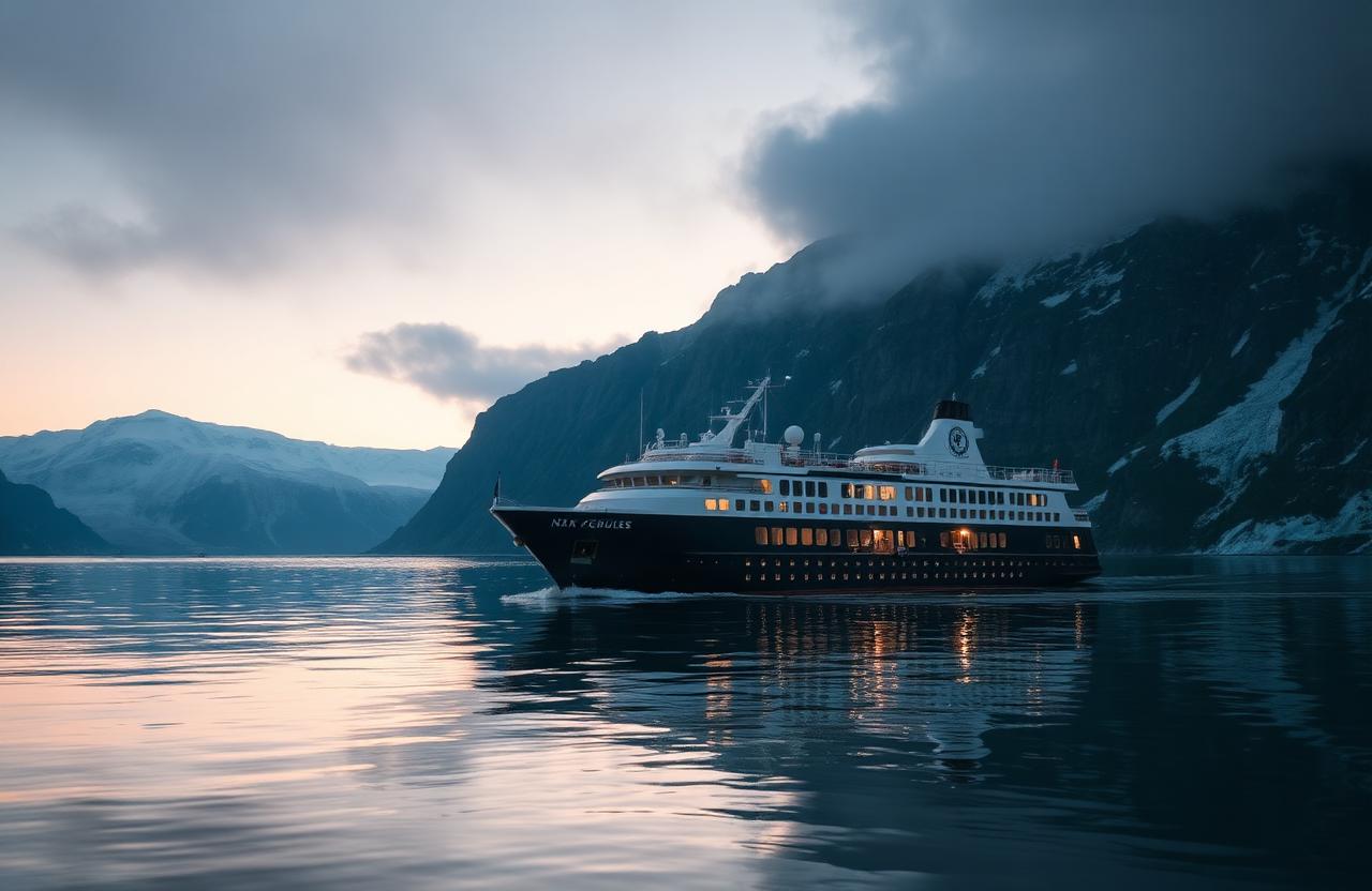 Mid-size cruise ship sailing a misty Alaskan glacier fjord at dawn