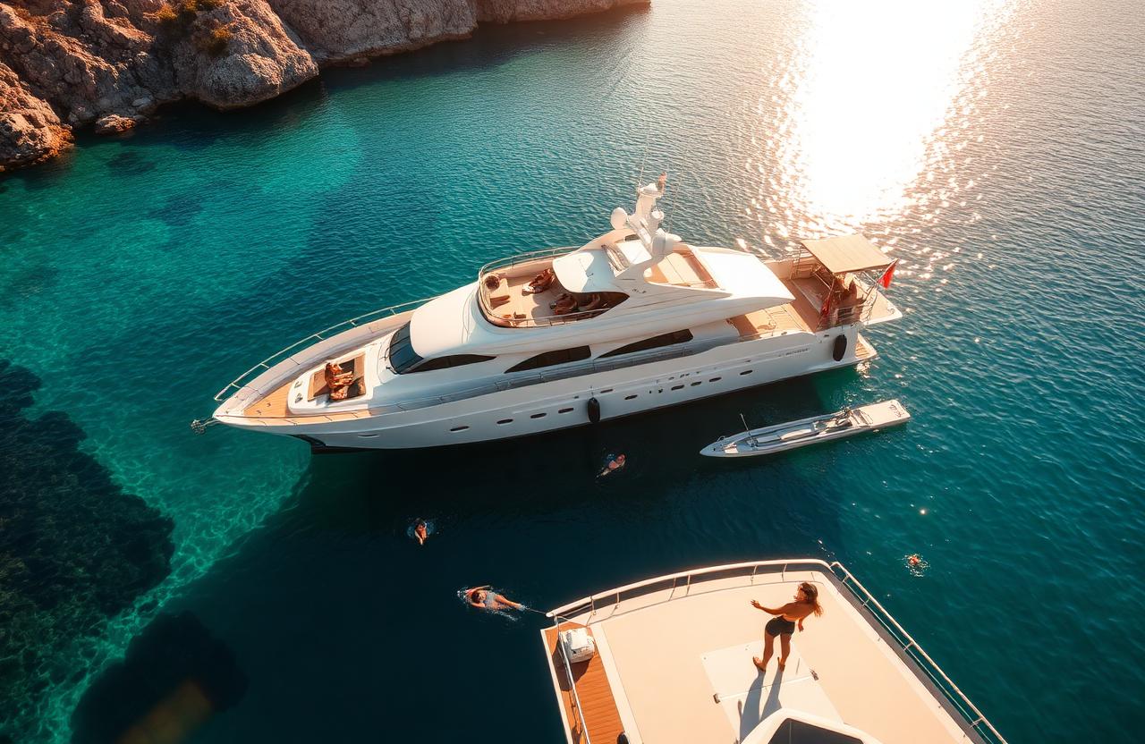 Ultra-luxury small yacht-style ship anchored in a turquoise Mediterranean cove
